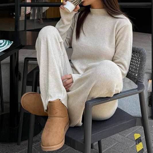 Women’s Lounge Set – Waffle Knit – Relaxed Fit – Mock Neck – Wide Leg Pants