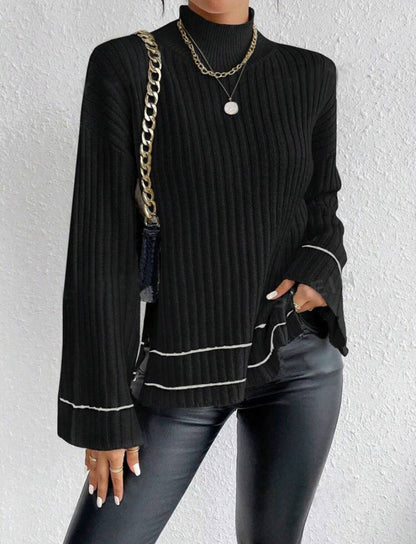 Women’s Knitted Sweater – Oversized Fit – Ribbed Texture – Mock Neck – Long Sleeve