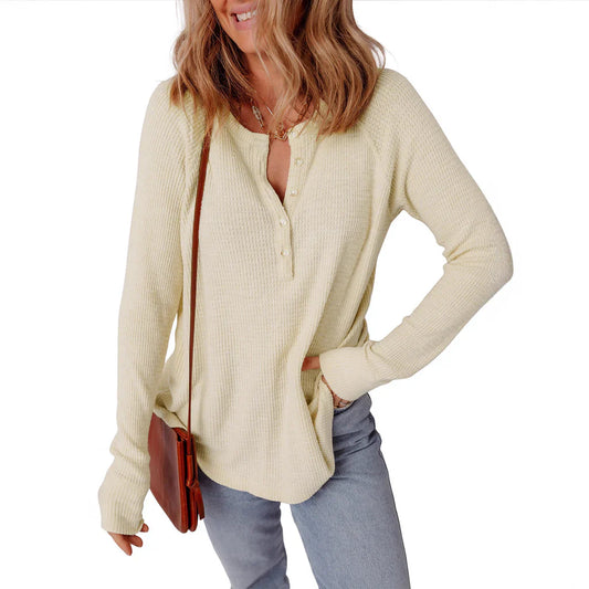 Women’s Long-Sleeve Sweater Top – Relaxed Fit – Waffle Knit – Button Front Casual Style