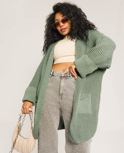 Women’s Cardigan – Oversized Fit – Knitted Wool-Like Fabric – Open Front – Front Pockets