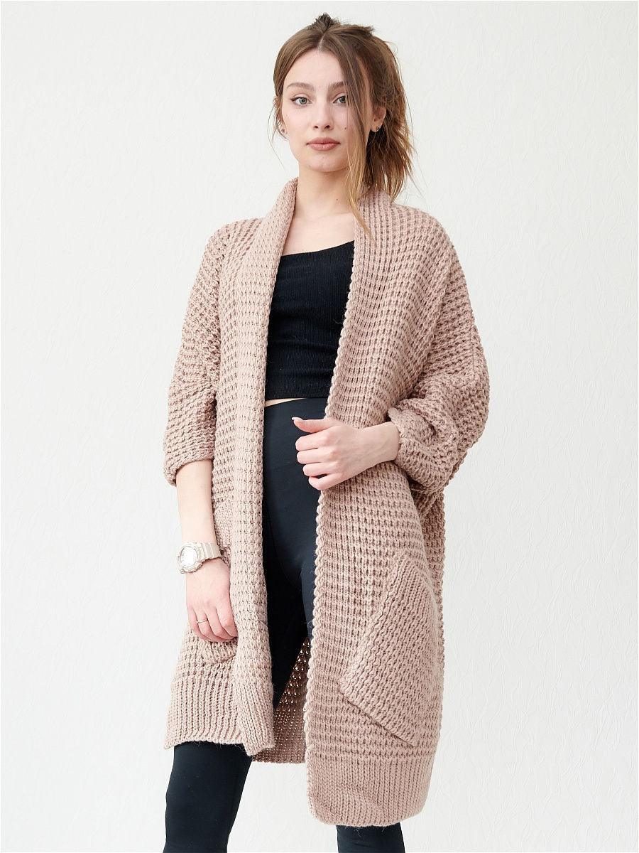 Women’s Knitted Coat – Oversized Fit – Chunky Wool Texture – Open Front – Patch Pockets