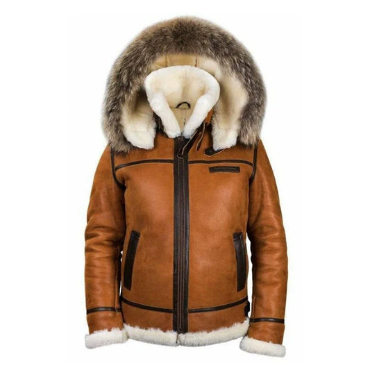 Men’s Aviator Jacket – Regular Fit – Wool Lined – Fur Trimmed Hood – Leather Details