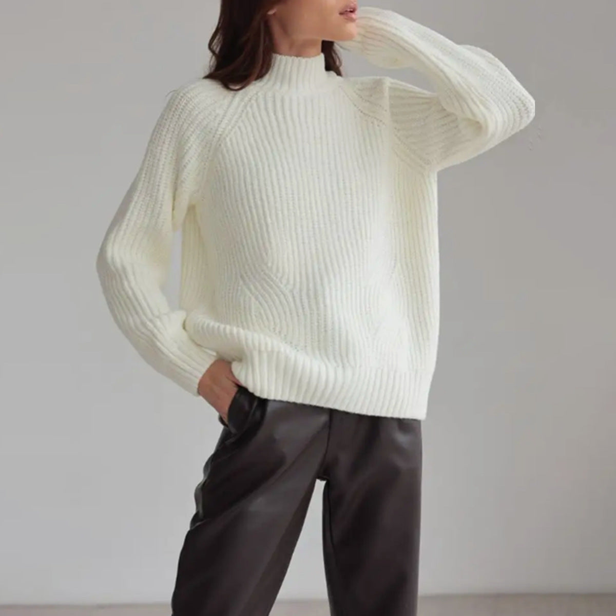 Women’s Knit Sweater – Wool Blend – Loose Fit – Mock Neck – Raglan Sleeve – Ribbed