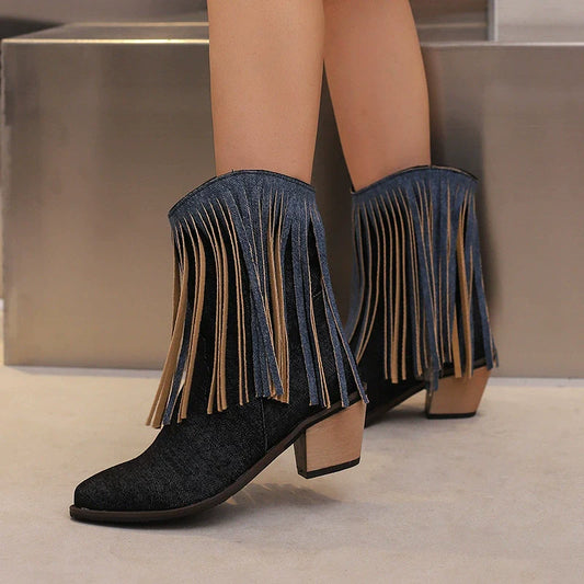 Women’s Ankle Boots – Pointed Toe – Block Heel – Fringe Detail – Slip On – Calf Height