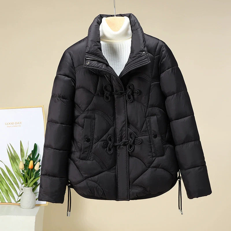 Women’s Puffer Jacket – Oversized Fit – Quilted Pattern – Frog Buttons – Adjustable Hem