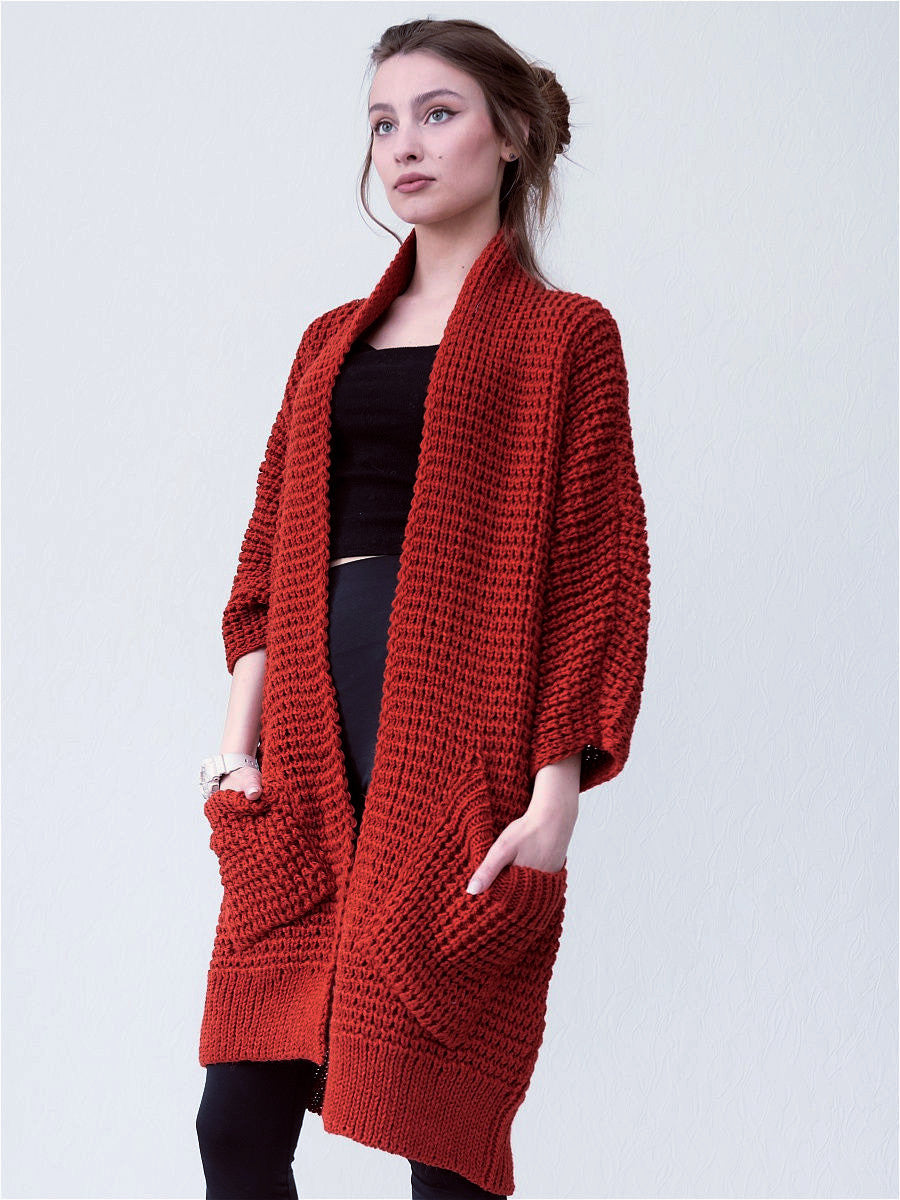 Women’s Knitted Coat – Oversized Fit – Chunky Wool Texture – Open Front – Patch Pockets