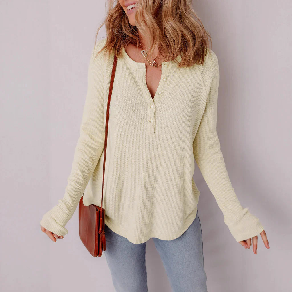Women’s Long-Sleeve Sweater Top – Relaxed Fit – Waffle Knit – Button Front Casual Style