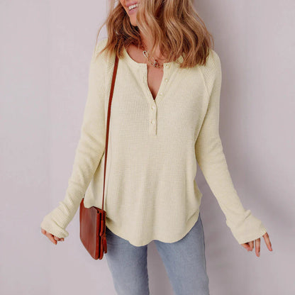 Women’s Long-Sleeve Sweater Top – Relaxed Fit – Waffle Knit – Button Front Casual Style