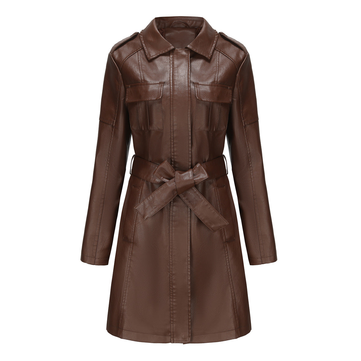 Women’s Mid-Length Jacket – Structured Fit – Faux Leather Look – Button Epaulets – Flap Pockets