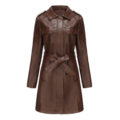 Women’s Mid-Length Jacket – Structured Fit – Faux Leather Look – Button Epaulets – Flap Pockets