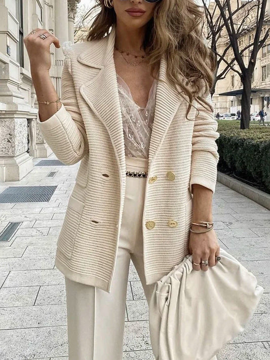 Women’s Knit Jacket – Double-Breasted – Tailored Fit – Ribbed Texture – Flap Pockets