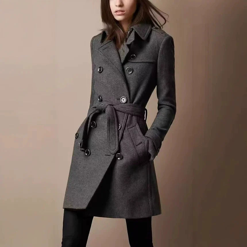 Women’s Coat – Slim Fit – Wool Feel – Double-Breasted – Belted Waist – Mid-Thigh Length