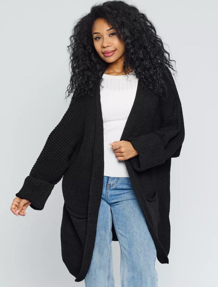 Women’s Cardigan – Oversized Fit – Knitted Wool-Like Fabric – Open Front – Front Pockets
