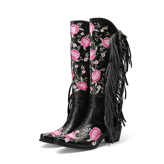 Women’s Knee-High Boots – Floral Embroidery – Fringe Tassels – Block Heel – Studded Trim