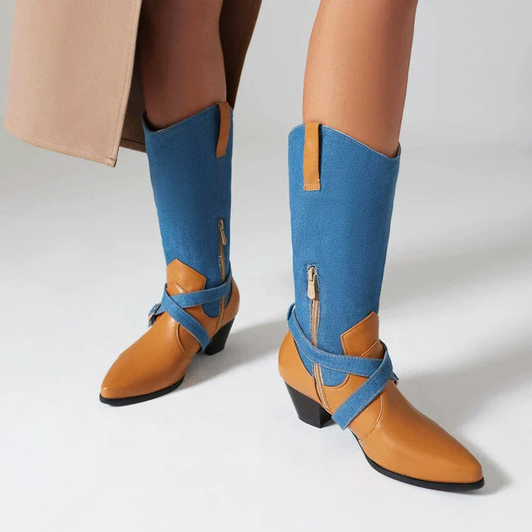 Women’s Mid-Calf Boots – Pointed Toe – Block Heel – Two-Tone – Zipper and Buckle