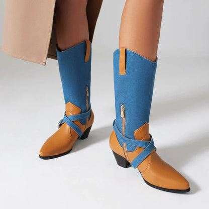 Women’s Mid-Calf Boots – Pointed Toe – Block Heel – Two-Tone – Zipper and Buckle