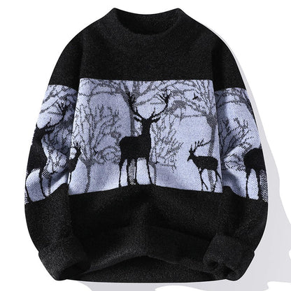Men’s Pullover Sweater – Loose Fit – Wool Knit – Mock Neck – Deer Pattern – Ribbed Trim