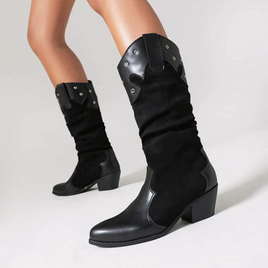 Women’s Mid-Calf Boots – Slouchy Fit – Western Style – Stud Accents – Block Heel