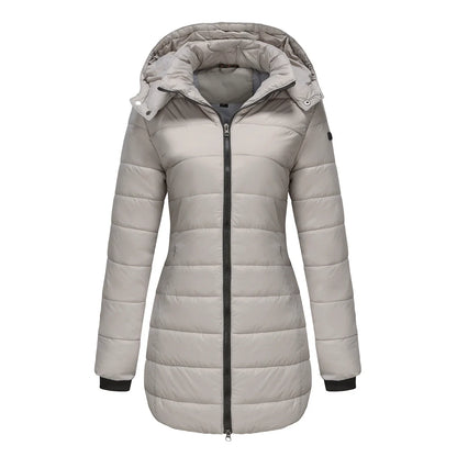 Women’s Puffer Jacket – Quilted Insulation – Detachable Hood – Mid-Length Fit