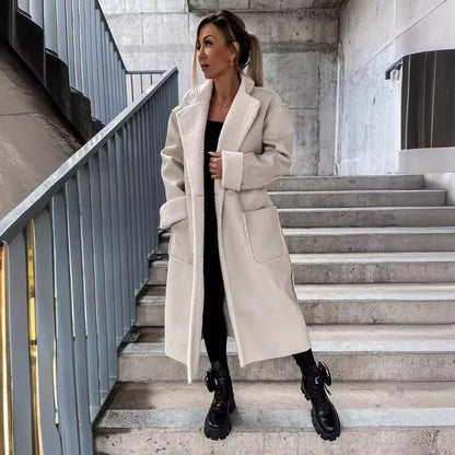 Women’s Long Coat – Oversized Fit – Faux Leather Wrap Style – Plush Trim & Tie Belt