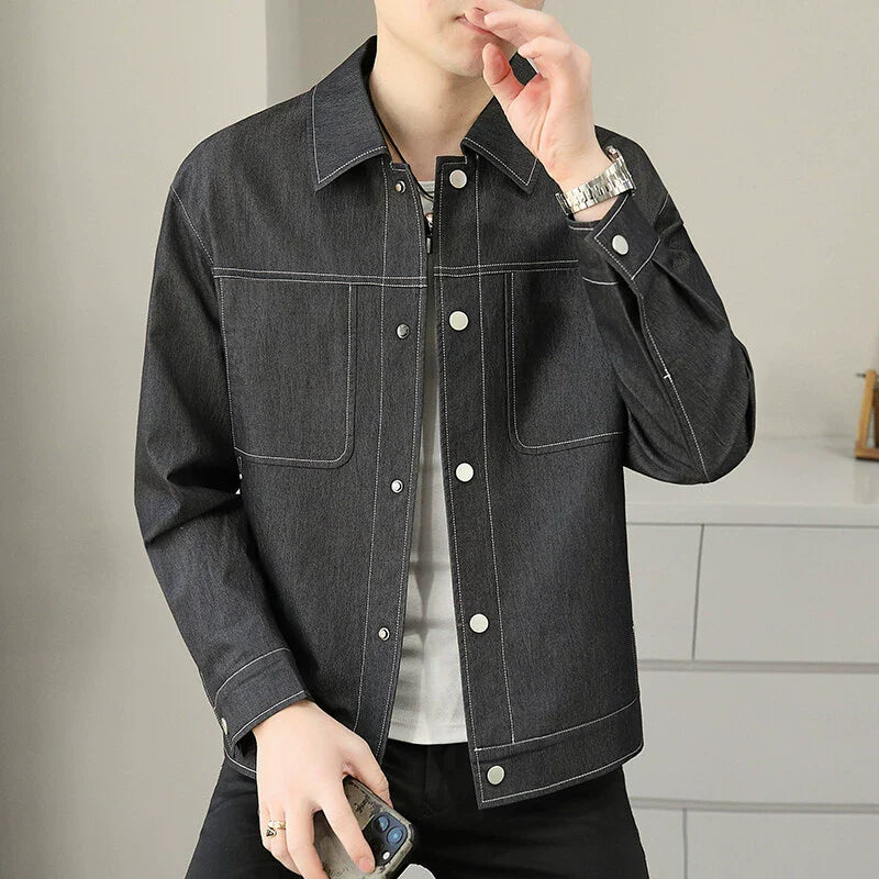 Men’s Casual Jacket – Relaxed Fit – Boxy Silhouette – Contrast Stitching – Button Front