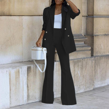 Women’s Blazer Pants Set – Relaxed Fit – Wide-Leg Trousers – Double-Breasted Blazer