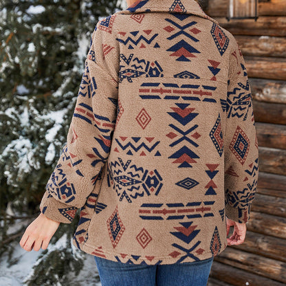 Women’s Jacket – Oversized Fit – Fuzzy Texture – Geometric Pattern – Lapel Collar – Button Front