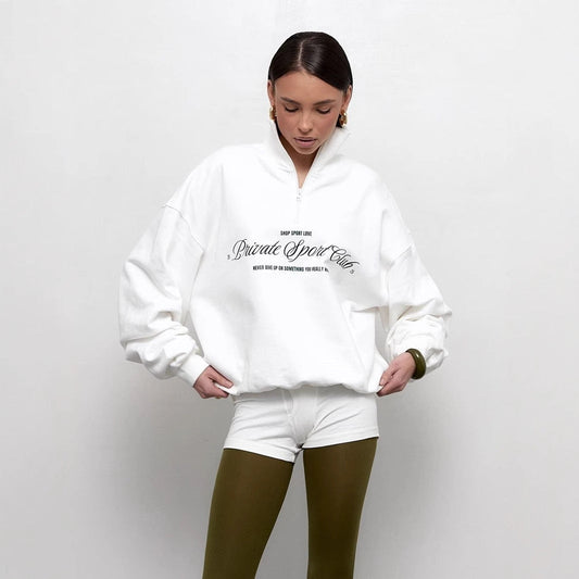 Women’s Sweatshirt – Oversized Fit – Cotton Blend – Half Zip – Graphic Letter Print