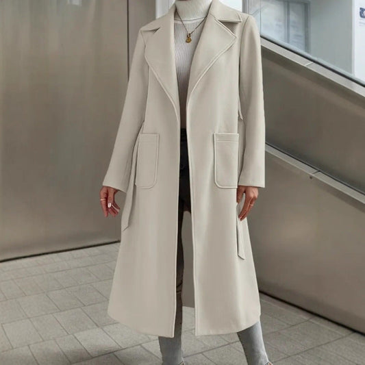 Women’s Long Coat – Relaxed Fit – Wool Blend – Open Front – Notch Lapels – Tie Waist