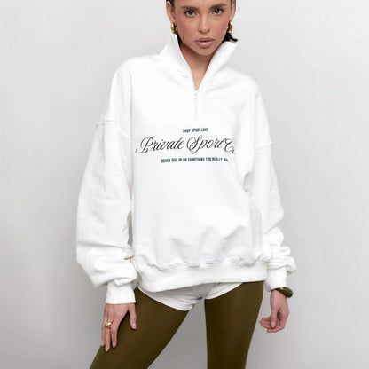 Women’s Sweatshirt – Oversized Fit – Cotton Blend – Half Zip – Graphic Letter Print