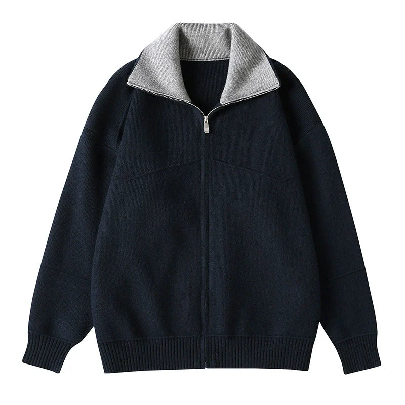 Men’s Knitted Jacket – Relaxed Fit – Ribbed Texture – Full Zip – Stand-Up Collar