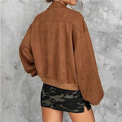 Women’s Zipper Jacket – Oversized Relaxed Fit – Lapel Collar – Ribbed Trim – Hip Length