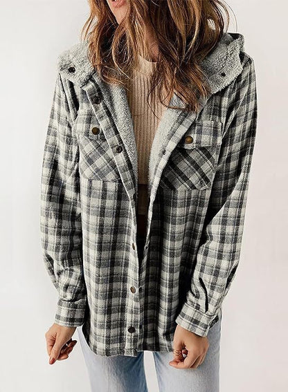 Women’s Jacket – Wool Blend – Relaxed Fit – Plaid Pattern – Hooded Button-Up