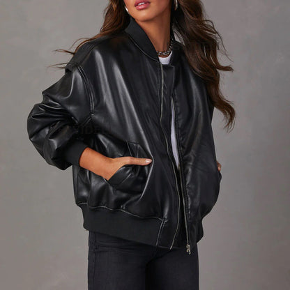 Women’s Leather Jacket – Oversized Fit – Ribbed Trim – Zip Front – Casual Layering