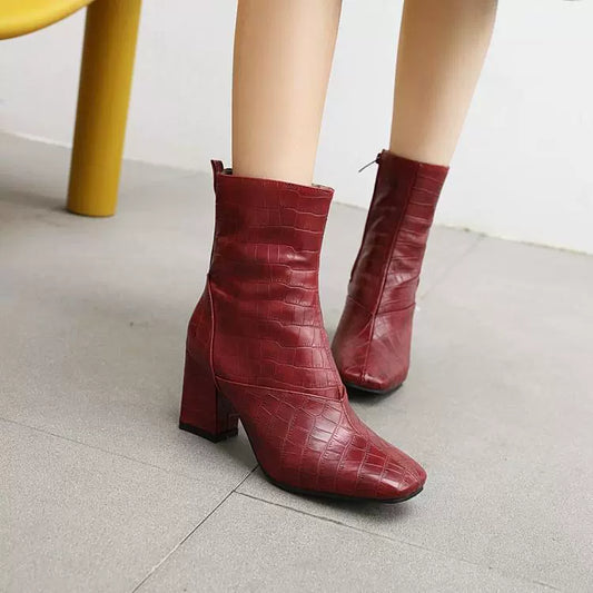Women’s Ankle Boots – Embossed Texture – Square Toe – Chunky Heel – Side Zipper Closure