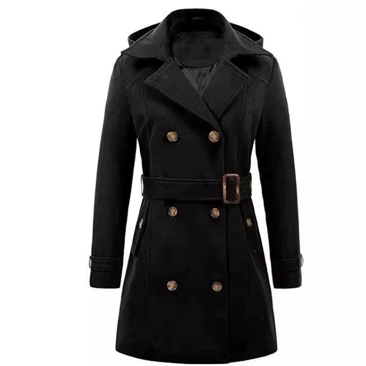 Women’s Coat – Double-Breasted Wool – Tailored Fit – Belted Waist – Hooded – Mid-Thigh Length