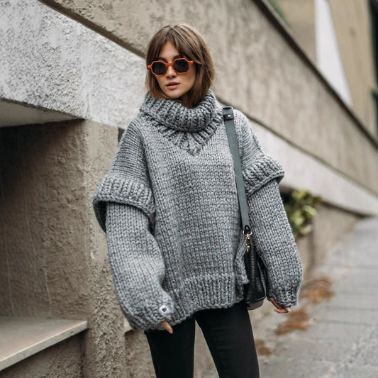 Women’s Pullover Sweatshirt – Chunky Knit Wool – Oversized Fit – Turtleneck – Ribbed Cuffs