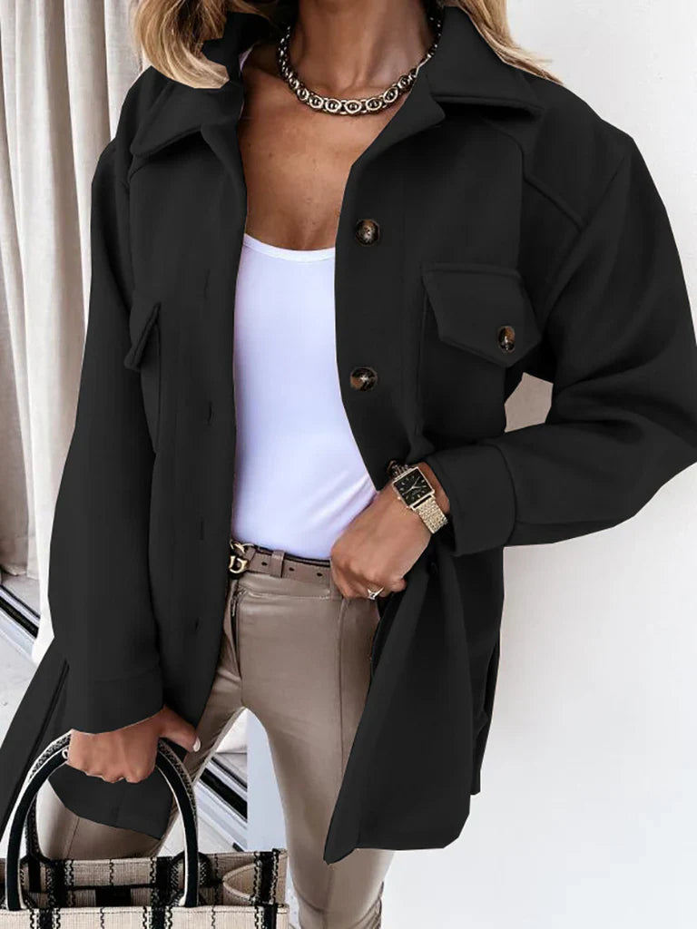 Women’s Mid-Length Jacket – Relaxed Fit – Wool Blend – Belted Waist – Patch Pockets