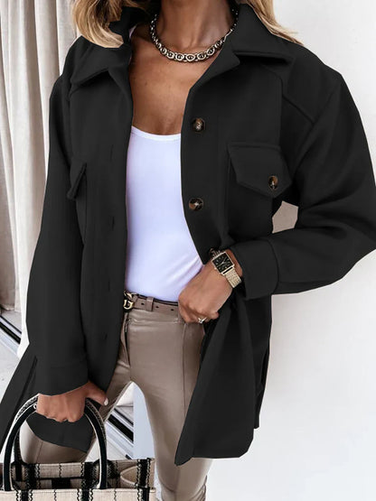 Women’s Mid-Length Jacket – Relaxed Fit – Wool Blend – Belted Waist – Patch Pockets