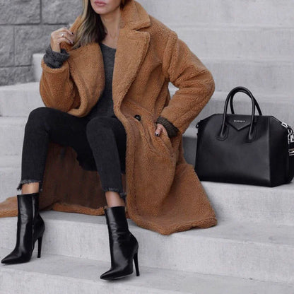 Women’s Long Coat – Oversized Relaxed Fit – Plush Soft Texture – Notched Lapel