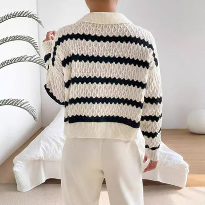 Women’s Pullover Sweater – Relaxed Fit – Knit Striped – Polo Collar – Hip Length