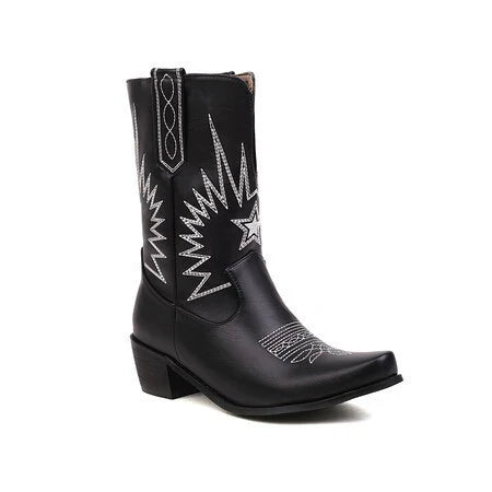 Women’s Western Boots – Leather – Embroidered – Square Toe – Block Heel – Mid-Calf