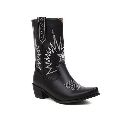 Women’s Western Boots – Leather – Embroidered – Square Toe – Block Heel – Mid-Calf