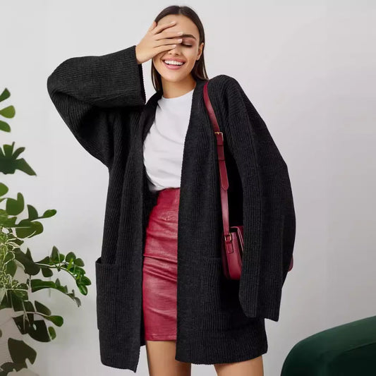 Women’s Knitted Cardigan – Oversized Fit – Open Front – Long Length with Pockets