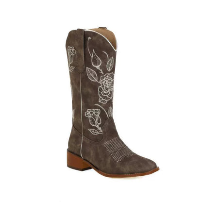 Women’s Mid-Calf Boots – Suede-Like Texture – Embroidered Floral – Low Block Heel