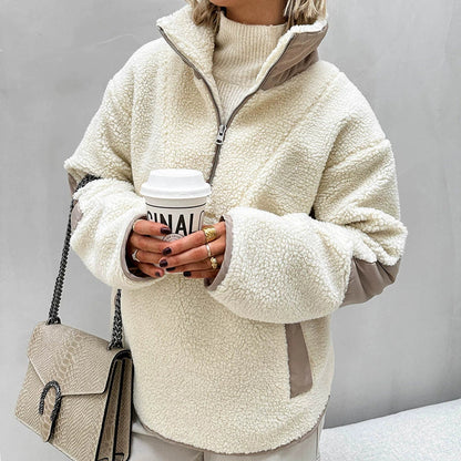 Women’s Sherpa Half-zip Sweatshirt Pullover Fleece  – Oversized Fit – Quarter Zip – Stand Collar – Side Pockets