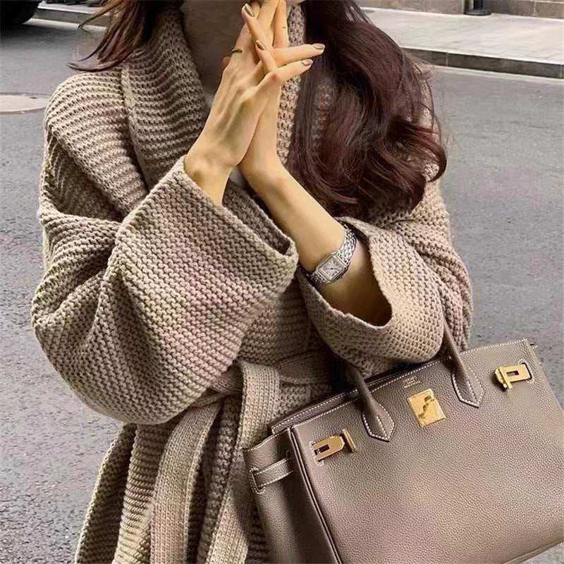 Women’s Cardigan – Chunky Knit – Oversized Fit – V-Neck – Waist Tie – Mid-Length