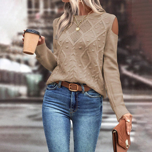 Women’s Knitted Sweater – Loose Fit – Open Shoulder – Cable Knit – Ribbed Cuffs