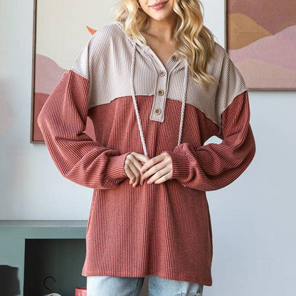 Women’s Hoodie – Loose Fit – Ribbed Knit – Color Block – Henley Button – Drawstring Hood