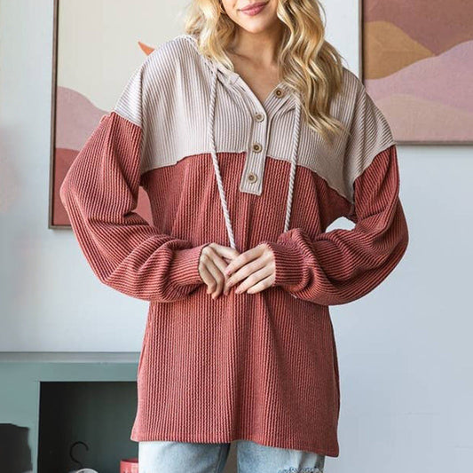 Women’s Hoodie – Loose Fit – Ribbed Knit – Color Block – Henley Button – Drawstring Hood